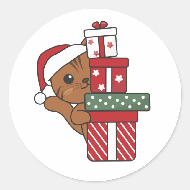 Sticker Rond Chat Noël Cadeau d'hiver Animaux Chats Classique R (Devant)