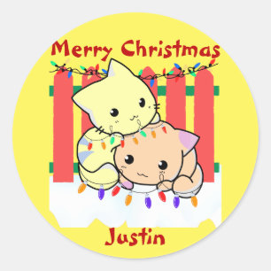 Sticker Rond Chat noël dehors, nom personnalisé