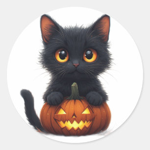 Sticker Rond Chat Noir Assis sur une Citrouille