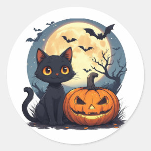 Sticker Rond Chat Noir Avec Chauves-Souris Volantes Halloween �