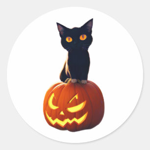 Sticker Rond Chat noir avec Citrouille Cute Kawaii Animaux Anim