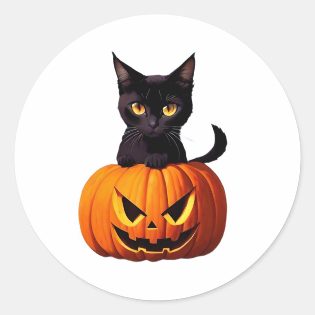 Sticker Rond Chat noir avec Citrouille Cute Kawaii Animaux Anim (Devant)