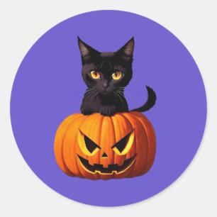 Sticker Rond Chat noir avec Citrouille Cute Kawaii Animaux Anim