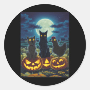 Sticker Rond Chat noir Chien Poulet Halloween Citrouille Épouva