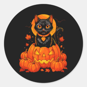 Sticker Rond Chat Noir Citrouille Lune Halloween Automne