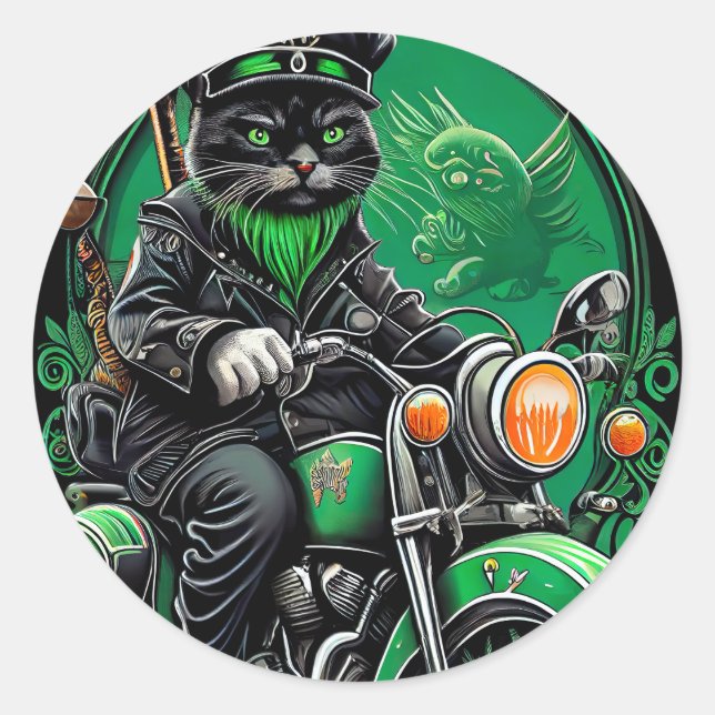 Sticker Rond Chat noir conduite vélo St. Patrick's Day (Devant)