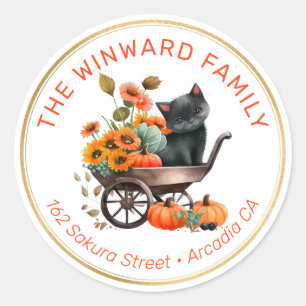 Sticker Rond Chat Noir dans la Brouette et Adresse Florale d'Au