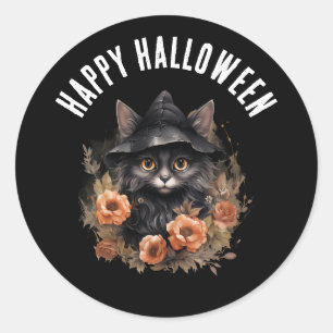 Sticker Rond Chat noir dans l'Halloween Casquette d'une sorcièr