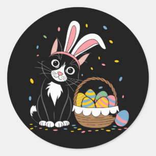 Sticker Rond Chat noir de Pâques Lapin Tuxedo Oreilles de Lapin