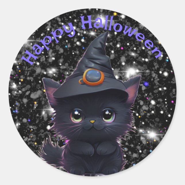 Sticker Rond Chat noir d'Halloween blanc mignon (Devant)