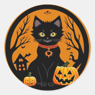 Sticker Rond Chat noir d'Halloween entouré de citrouilles lumin