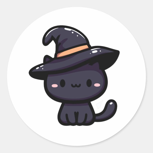 Sticker Rond Chat noir doux avec chapeau de sorcière (Devant)