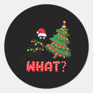 Sticker Rond Chat Noir Drôle Poussant Arbre De Noël Sur Chat Wh
