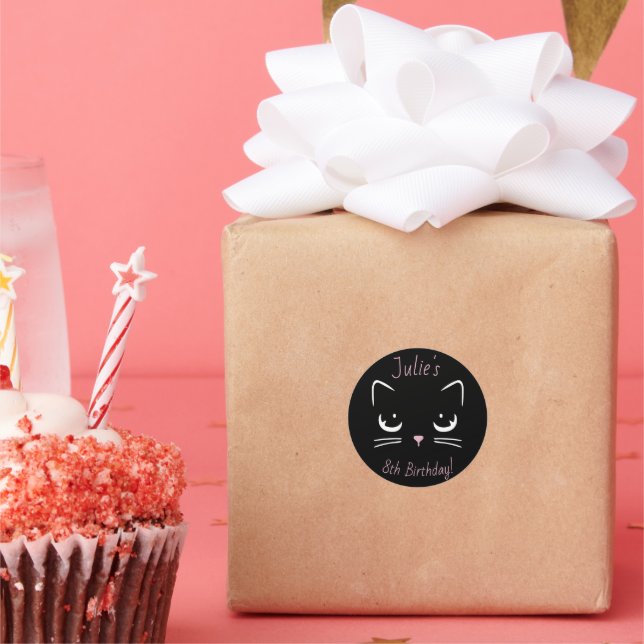 Sticker Rond Chat noir et rose Kitty Visage Anniversaire (Fête)