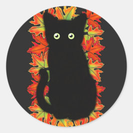 Sticker Rond Chat noir, Feuilles d'automne motif, Halloween amu
