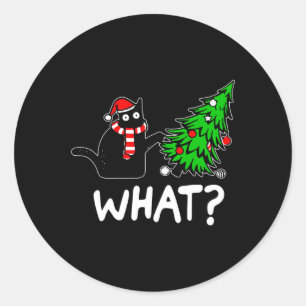 Sticker Rond Chat Noir Fun Et Marrant Poussant L'Arbre De Noël