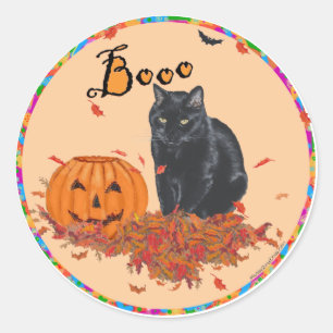 Sticker Rond Chat noir Halloween BOO !