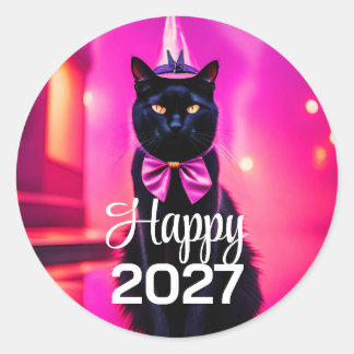 Sticker Rond Chat noir jazzy  2027  vœux