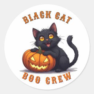 Sticker Rond Chat noir kawaii assis sur un citrouille Halloween