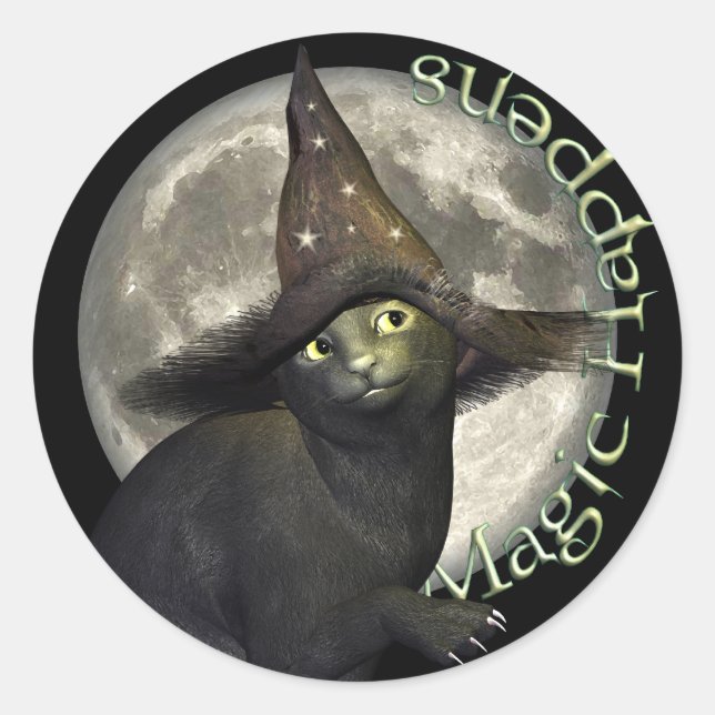 Sticker Rond Chat noir magique (Devant)