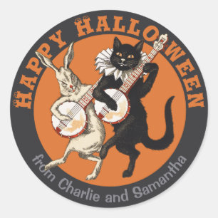 Sticker Rond Chat noir malicieux et lapin CC1051 Halloween