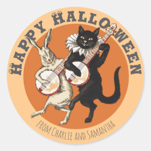 Sticker Rond Chat noir malicieux et lapin CC1052 Halloween