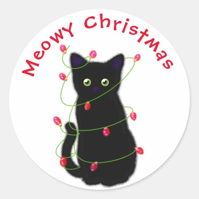 Sticker Rond chat noir | Meowy Christmas | lumières scintillant (Devant)