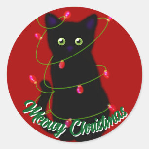 Sticker Rond Chat noir Meowy Noël rouge scintillant lumières