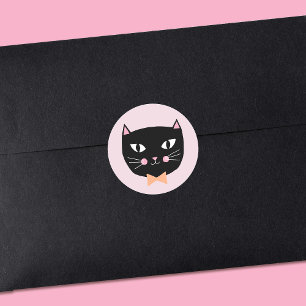 Sticker Rond Chat noir mignon avec Cravate de cabot Halloween A