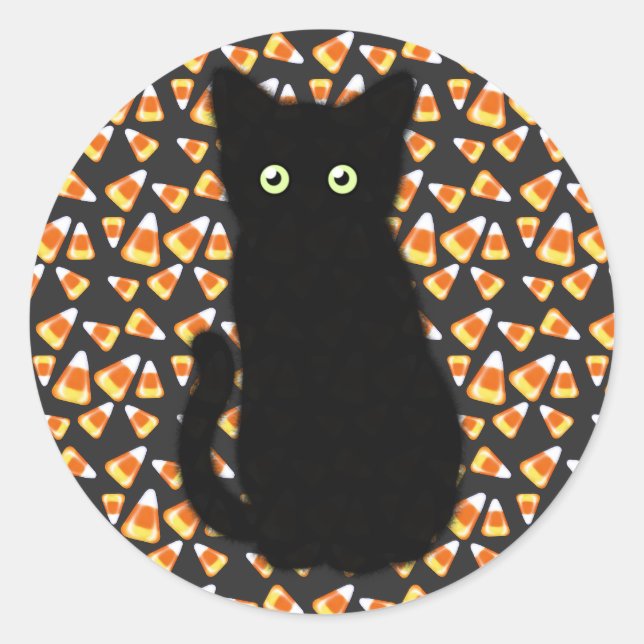 Sticker Rond Chat noir, motif de maïs, Halloween amusant (Devant)