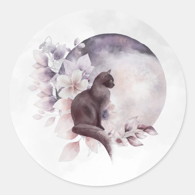 Sticker Rond Chat noir par une Pleine lune magique (Devant)
