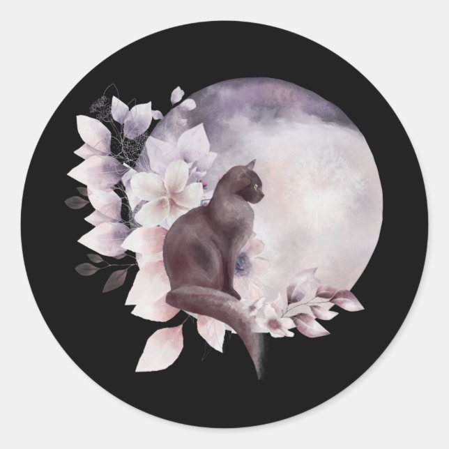 Sticker Rond Chat noir par une Pleine lune magique (Devant)