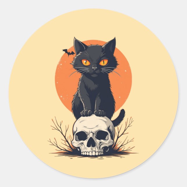 Sticker Rond Chat noir sur le crâne Halloween (Devant)