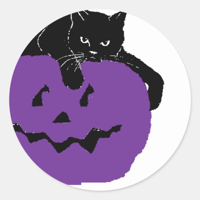 Sticker Rond Chat Noir Sur Un Citrouille Violet (Devant)
