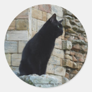 Sticker Rond "Chat noir sur un mur de château" (2)