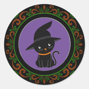 Sticker Rond Chat Noir Vert Orange Avec Un Casquette De Sorcièr