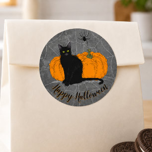 Sticker Rond Chat noir vintage Joyeux Halloween