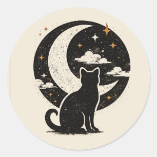 Sticker Rond Chat noir vintage sous le croissant de lune Mini