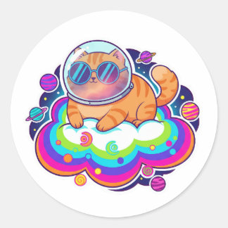 Sticker Rond Chat orange astronaute cool dans l'espace sur un n
