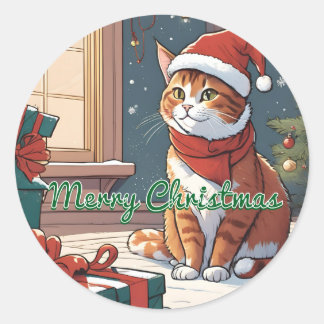 Sticker Rond Chat orange avec chapeau de Noël mignon Animal de