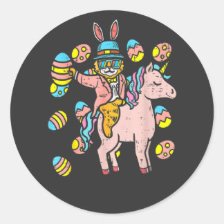 Sticker Rond Chat Oreilles de Lapin Œufs Chevauchant Licorne de