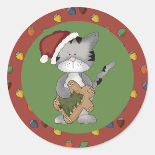 Sticker Rond Chat père Noël avec homme en pain d'épices
