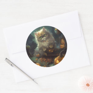 Sticker Rond Chat perse d'Halloween avec effroi Citrouille