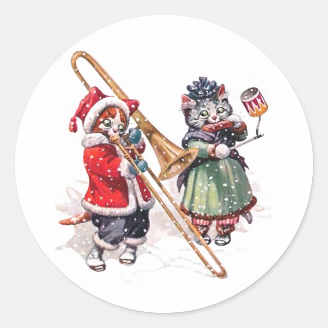 Sticker Rond Chat Plays Trombone dans la neige (Devant)