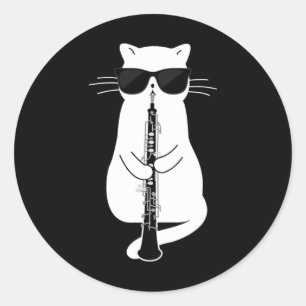 Sticker Rond Chat Portant des Sungles Jouer à Oboe
