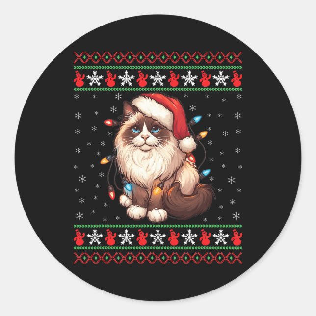 Sticker Rond Chat Ragdoll Vilain Noël Ragdoll Chat Xmas Lighti (Devant)