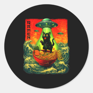 Sticker Rond Chat Ramen Alien Ufo Art Rétro Cadeaux Hommes F