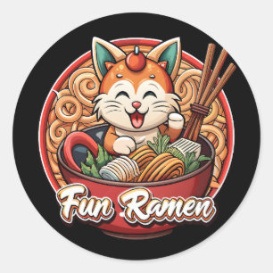 Sticker Rond Chat Ramen Kawaii Rétro Gravure Nouilles Japonaise