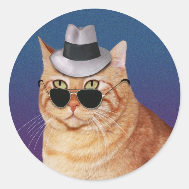 Sticker Rond Chat rayé jaune avec lunettes de soleil et Casquet (Devant)