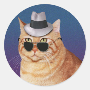 Sticker Rond Chat rayé jaune avec lunettes de soleil et Casquet